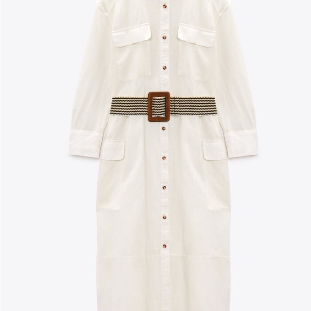 White Zara linen-blend belted shirt dress with button-up front and pockets